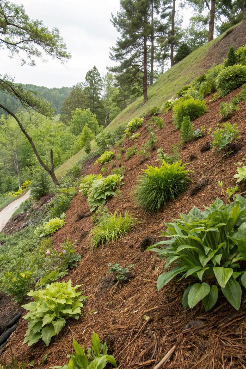 Gorilla hair mulch holding its ground on a steep slope.