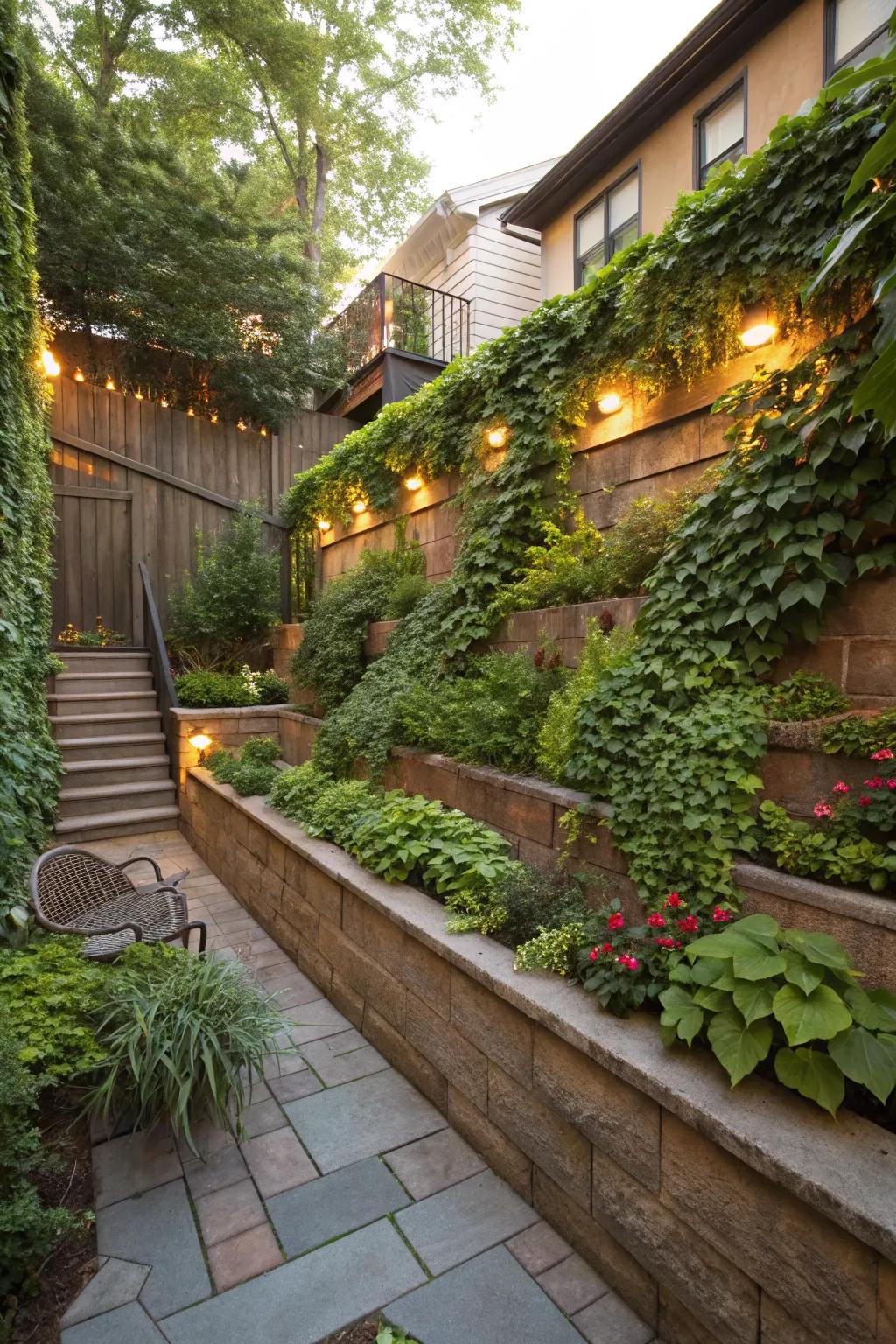 Vertical gardens maximize space and add vibrant greenery.