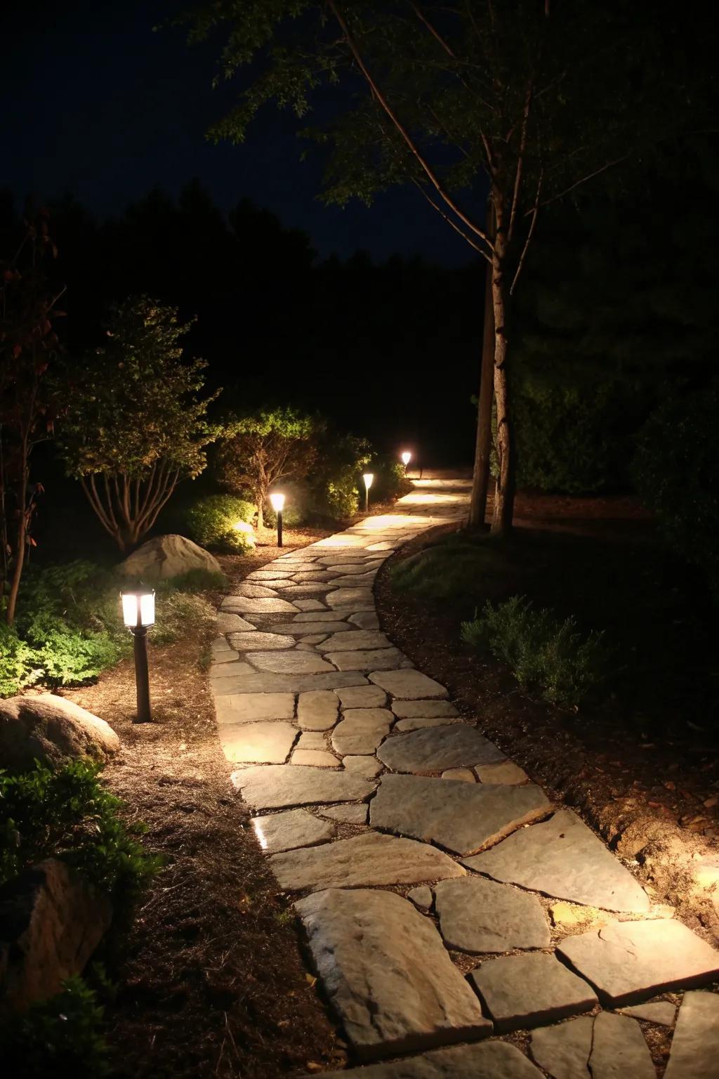 A stone pathway beautifully illuminated with integrated lighting.