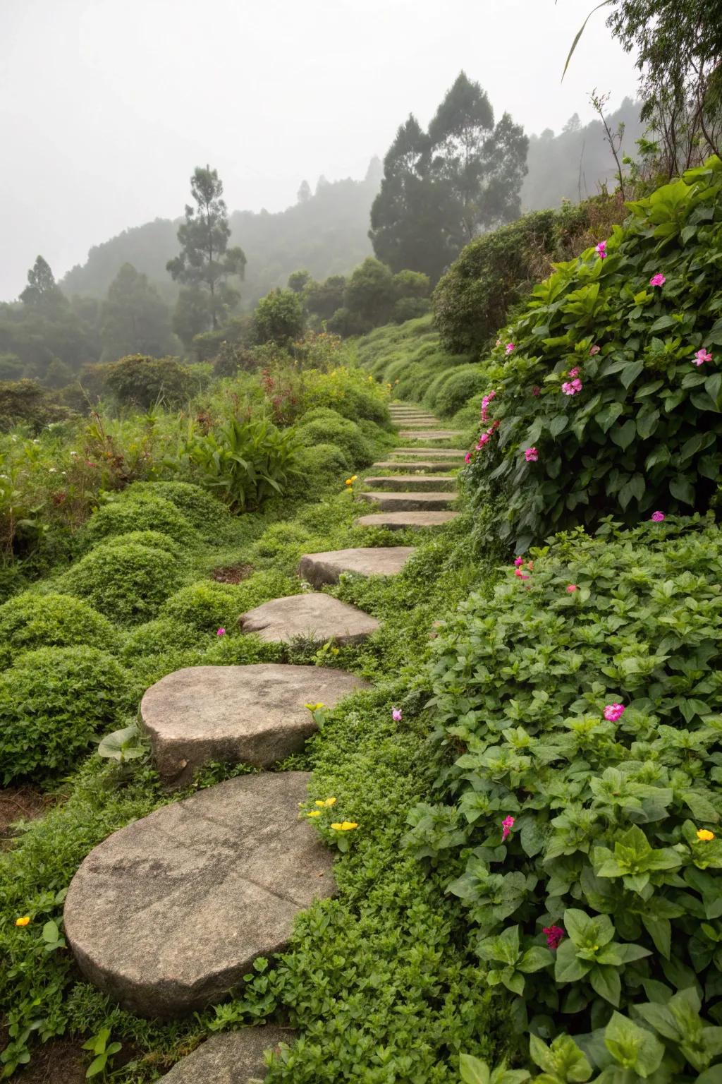 Floating stepping stones among ground cover, creating an enchanting garden feature