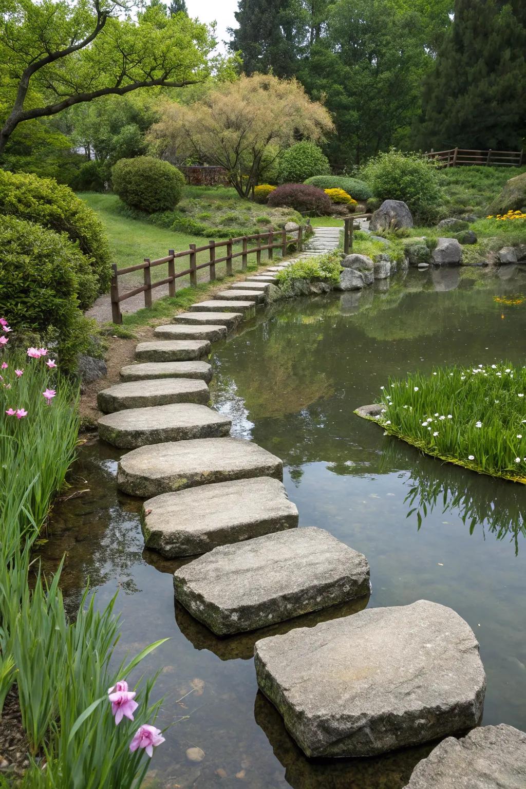 A stepping stone bridge over a serene garden pond.