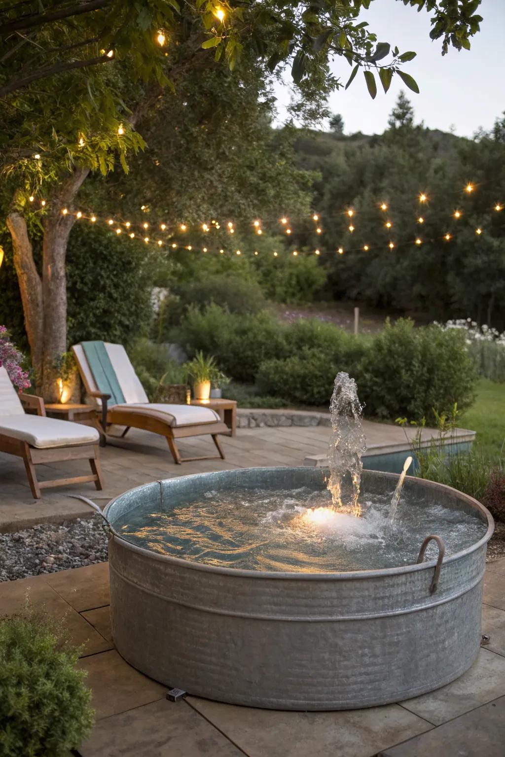 A water feature adds tranquility to the pool.