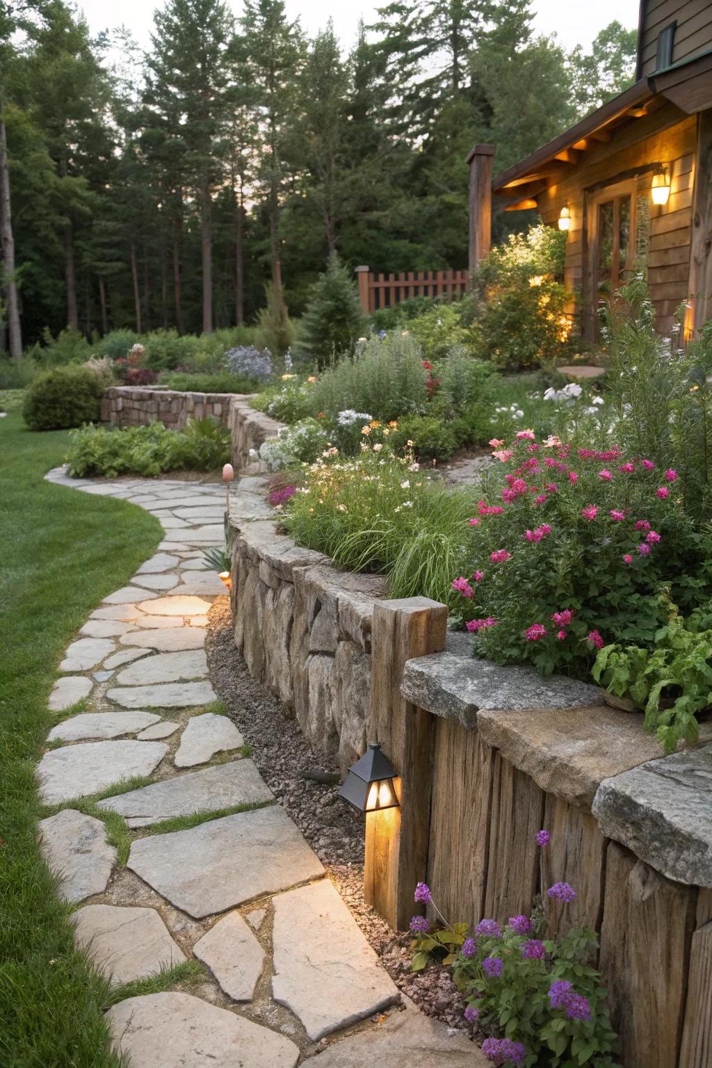 Stone and wood combination adds warmth and texture.