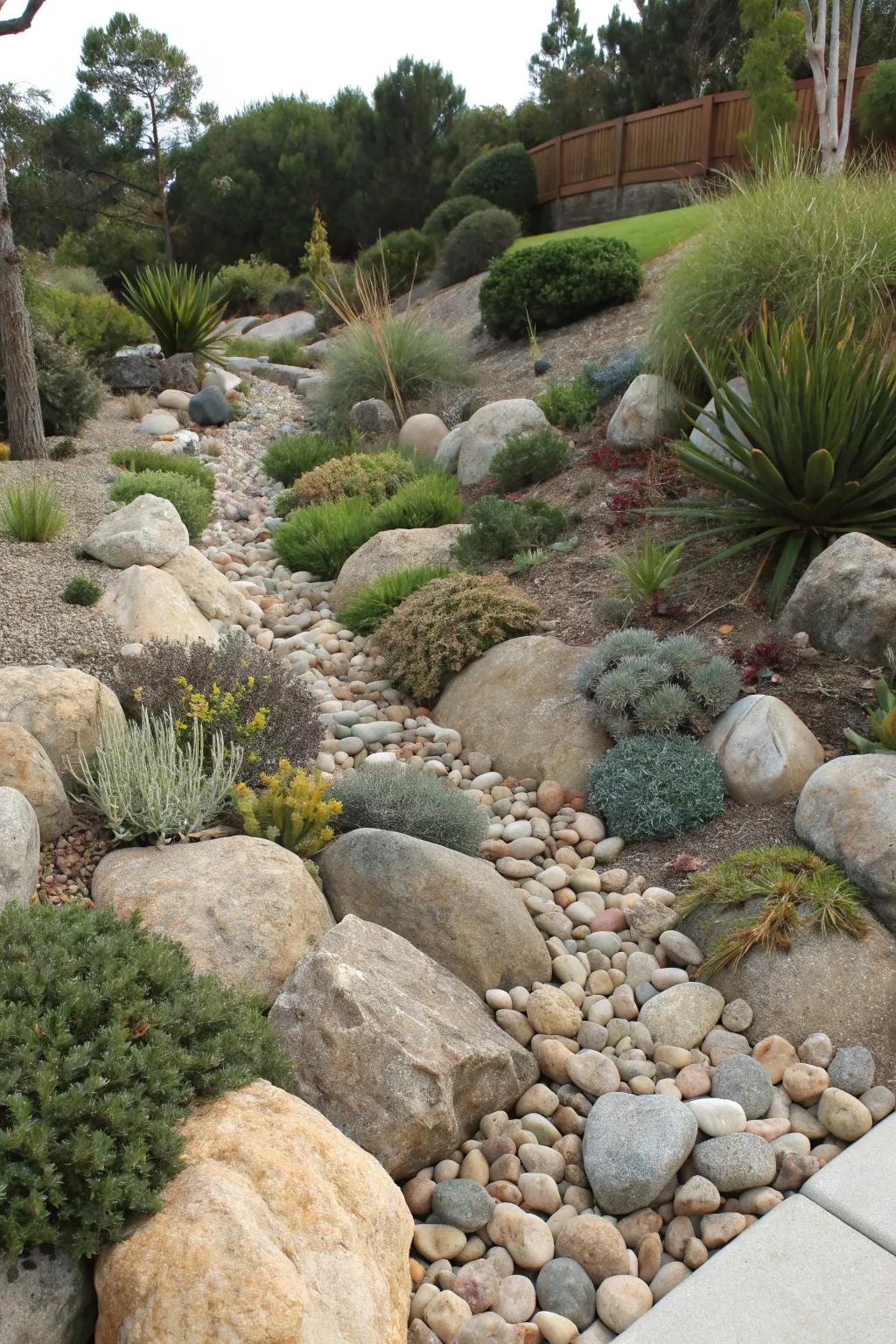 Rock gardens offer low-maintenance beauty with high visual impact.
