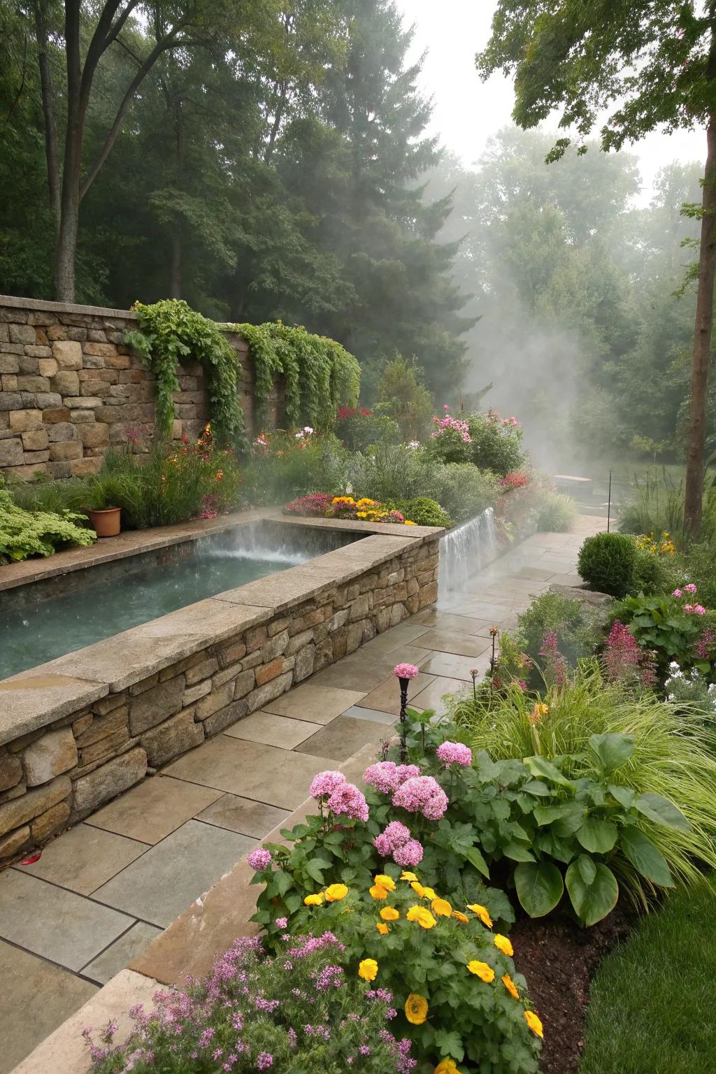 Stone and water features create a serene garden atmosphere.