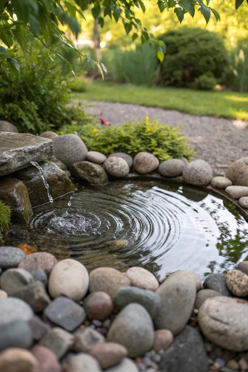 Stones enhancing the tranquil beauty of a garden water feature.