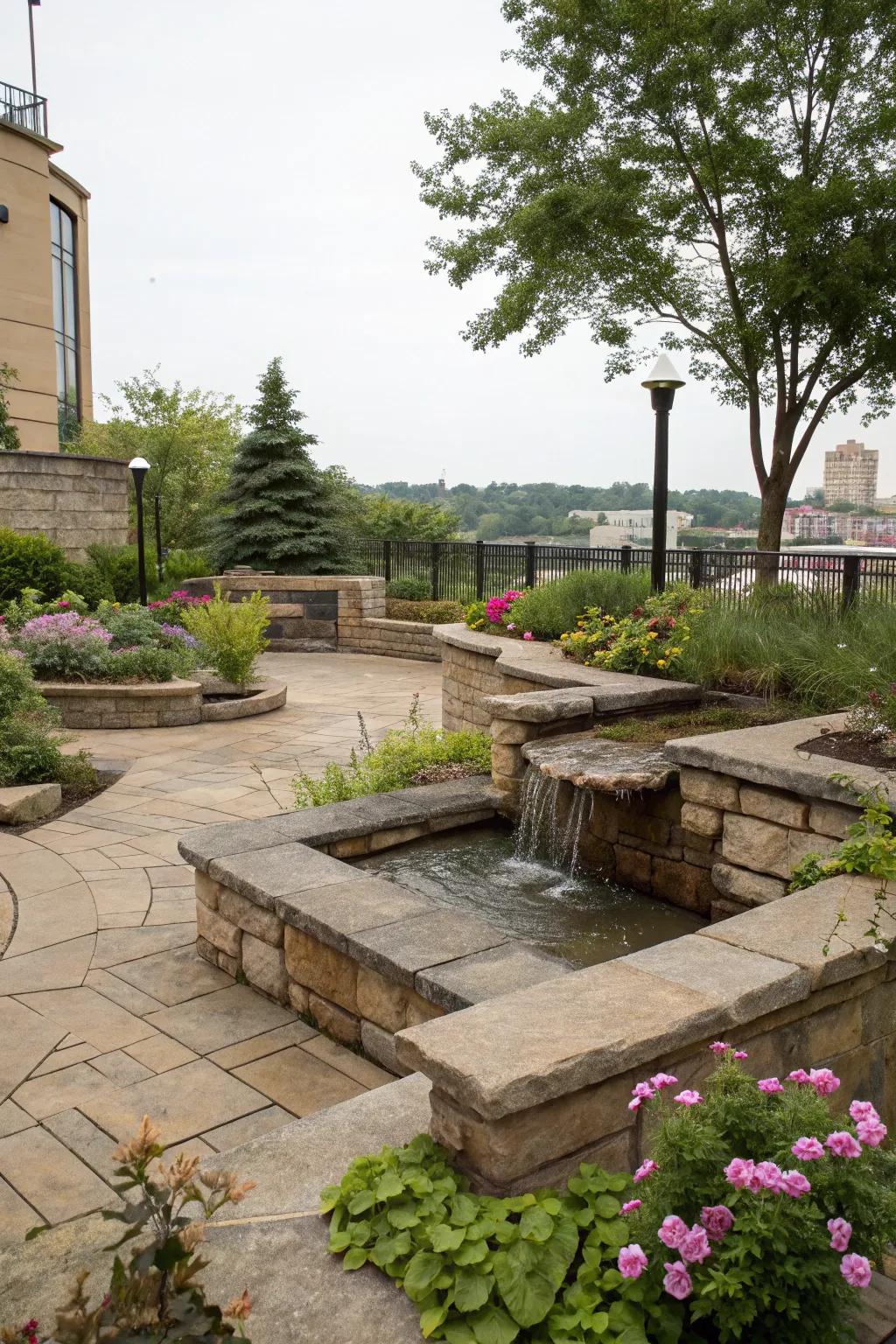 A water feature adds serenity to your patio space.