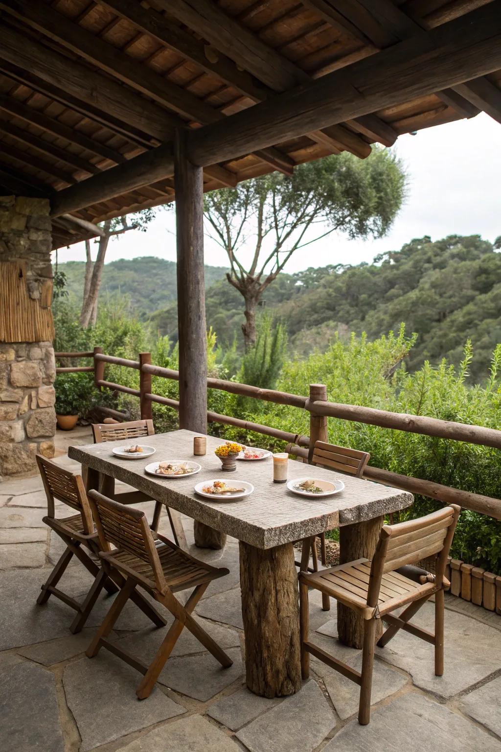 A rustic stone table serving as a patio centerpiece.