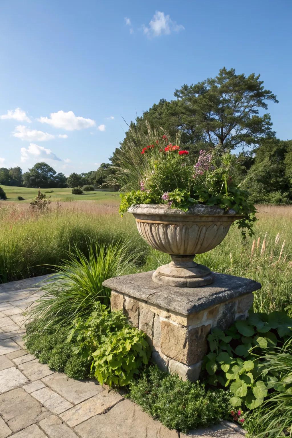 A freestanding stone planter standing out in the garden.