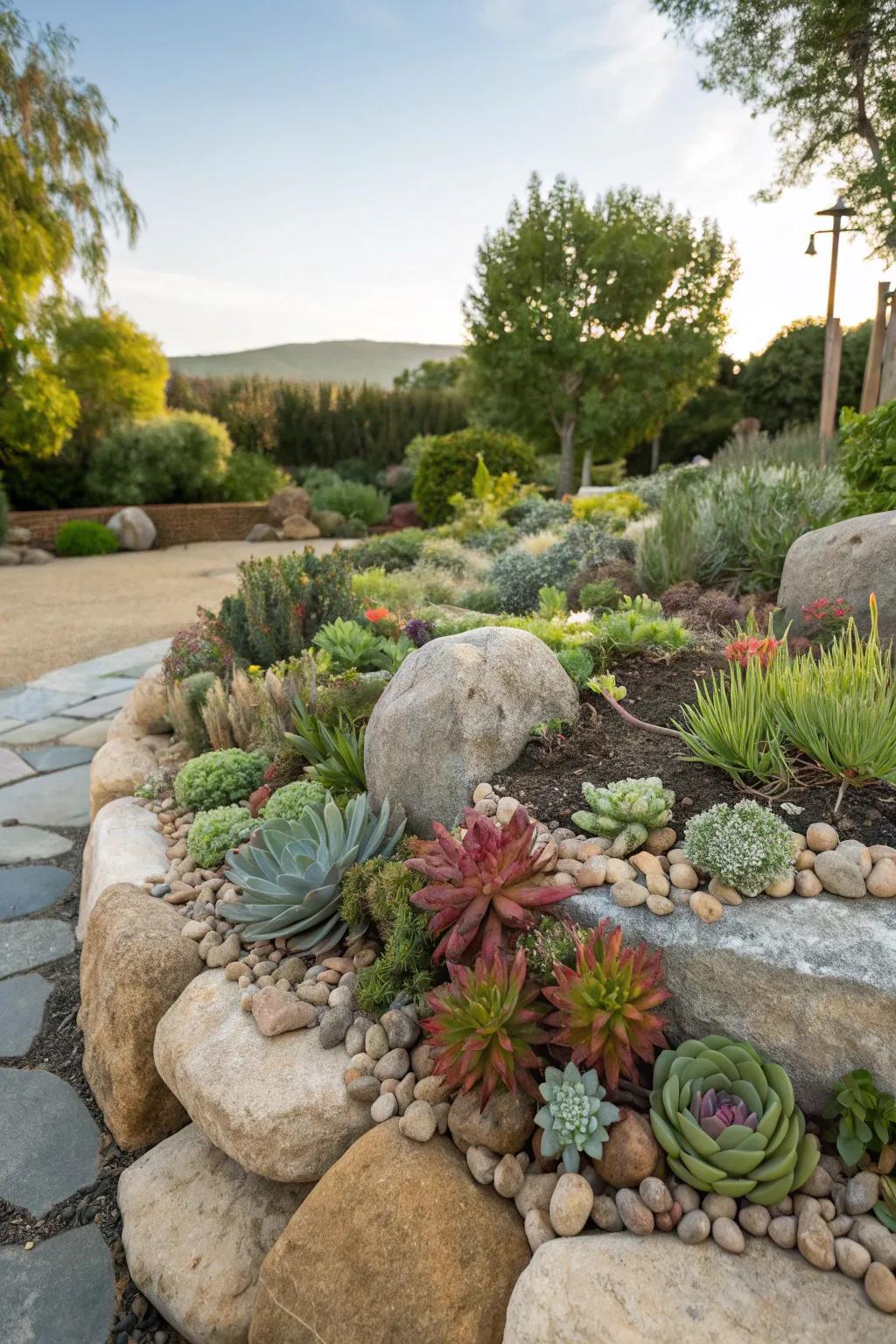 Integrating stones with plants enhances garden aesthetics.