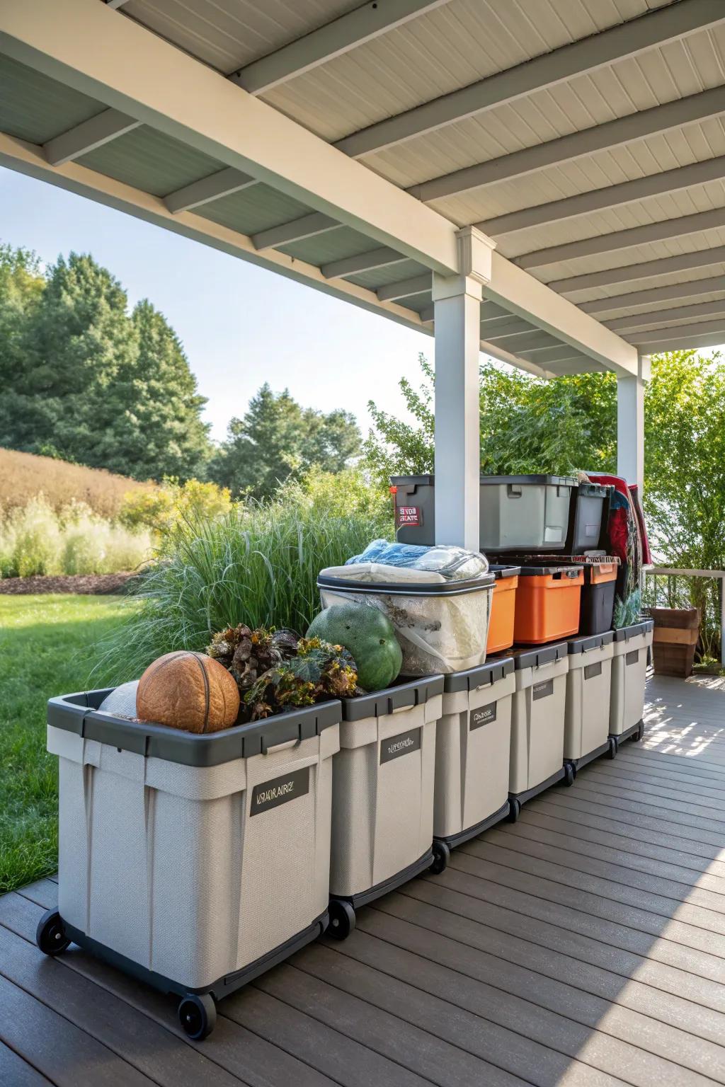 Rolling bins under the deck provide versatile and movable storage options.