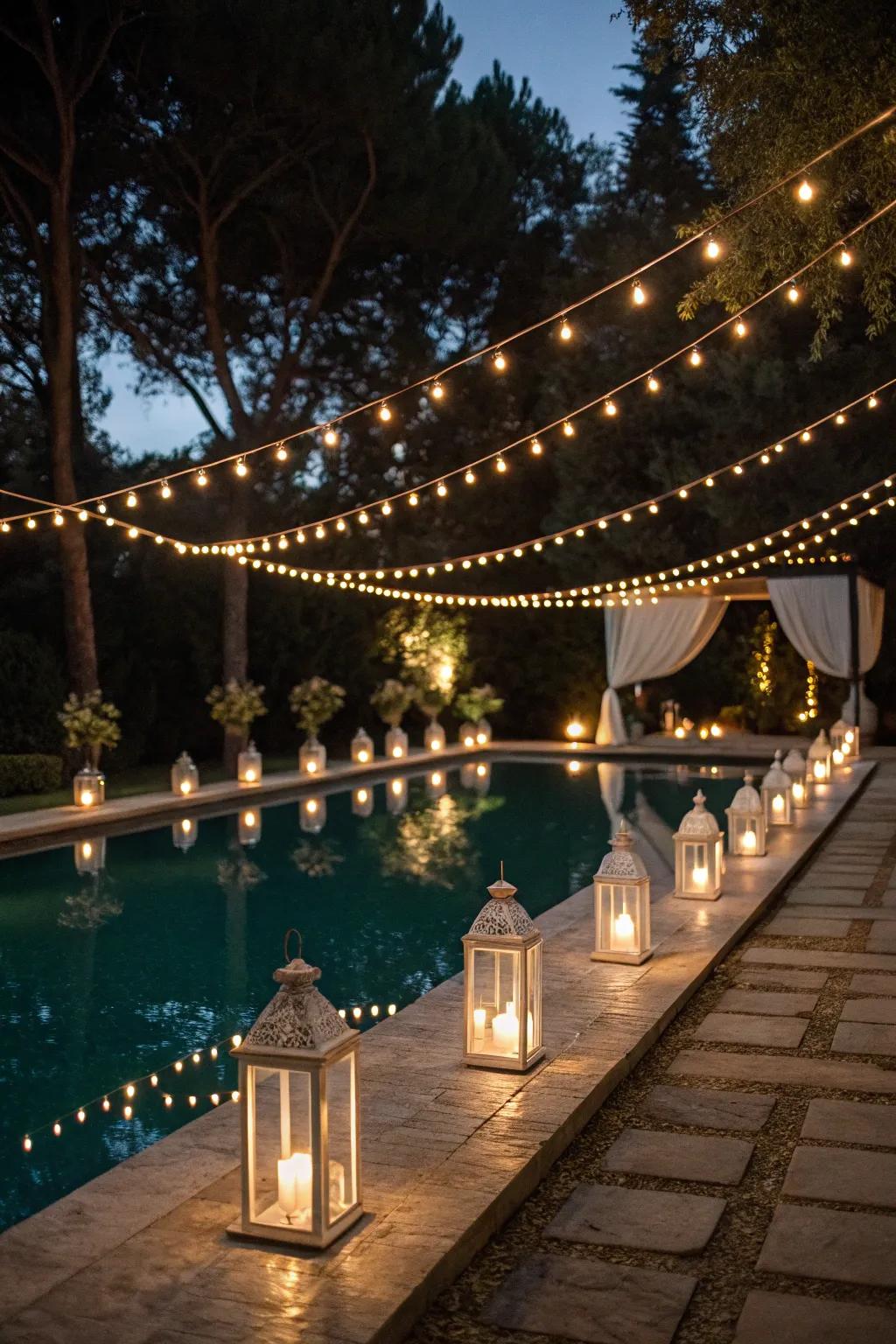 Lanterns and lights blend vintage charm with elegance.