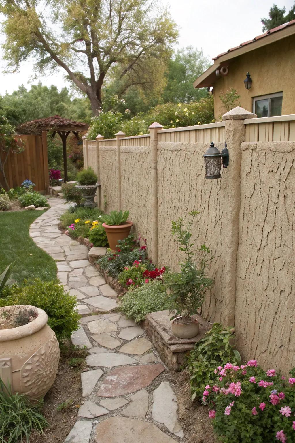 Textured stucco fence adding depth to the garden.