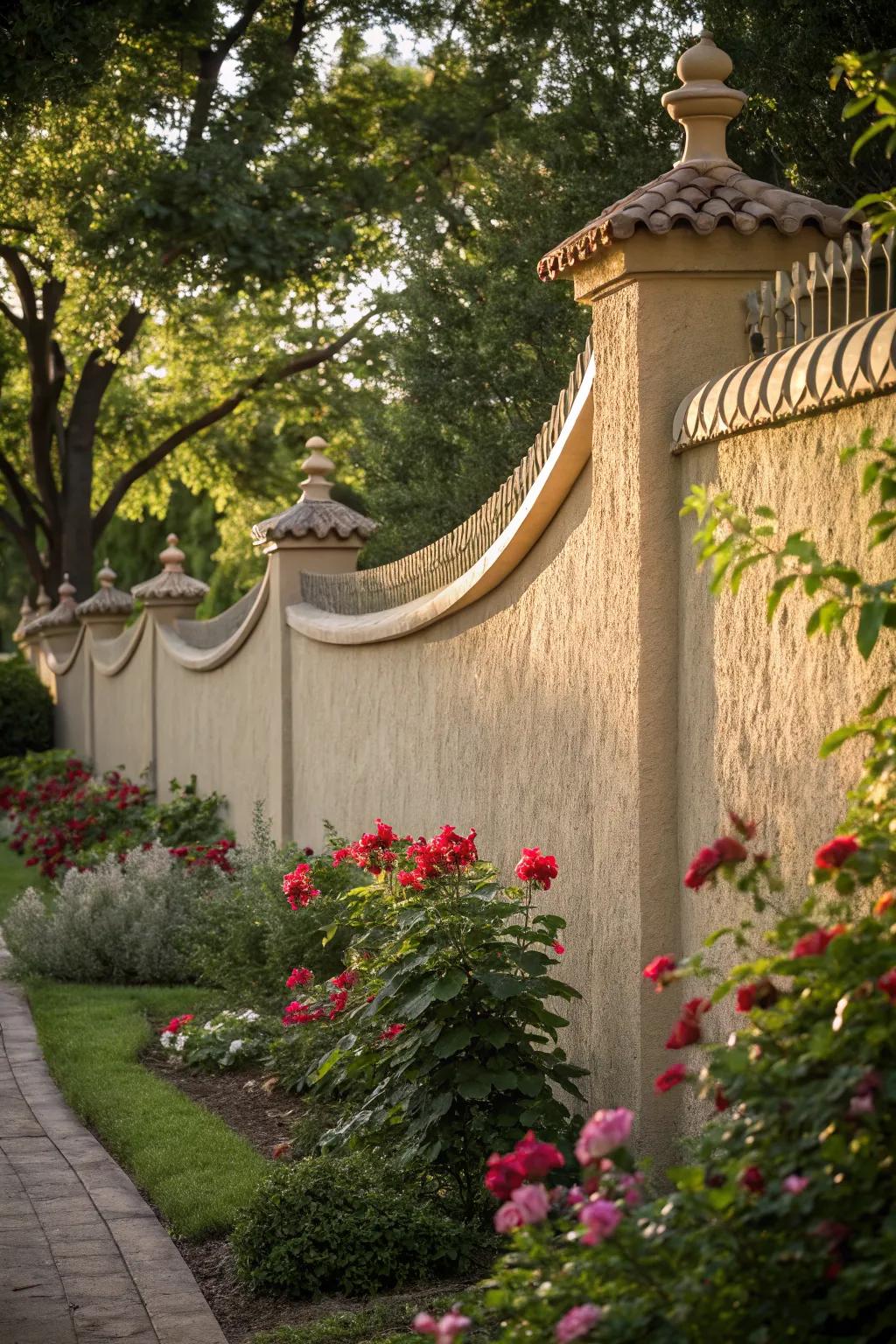 A gracefully curved stucco wall in a lush garden.