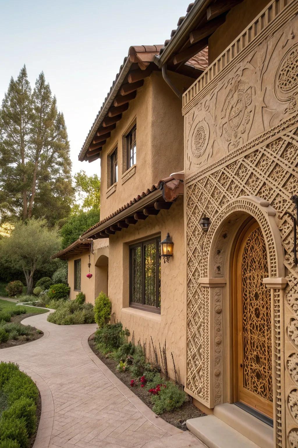 Stucco house with patterned designs.