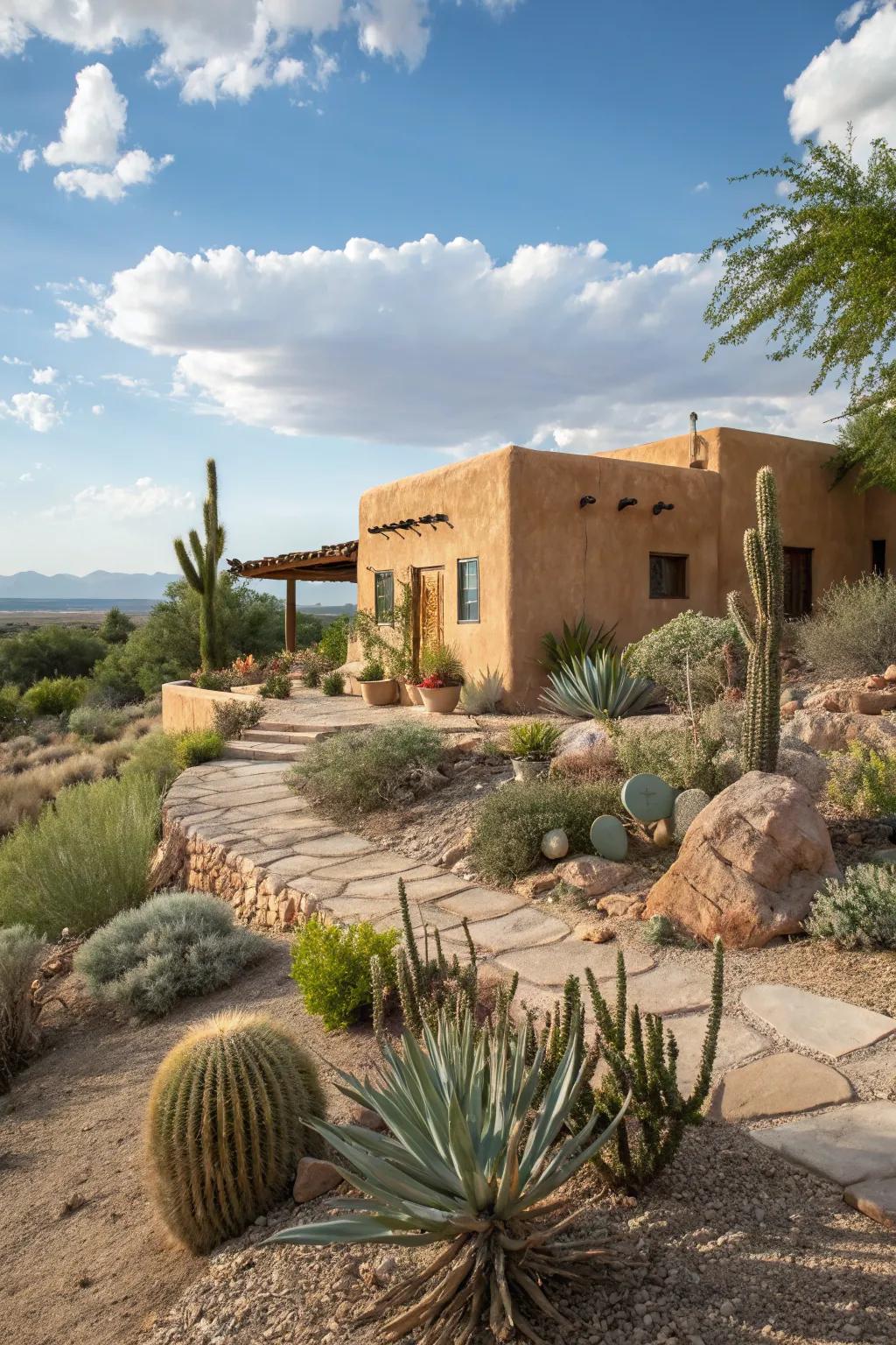 Sandstone stucco harmonizes with the natural desert surroundings.