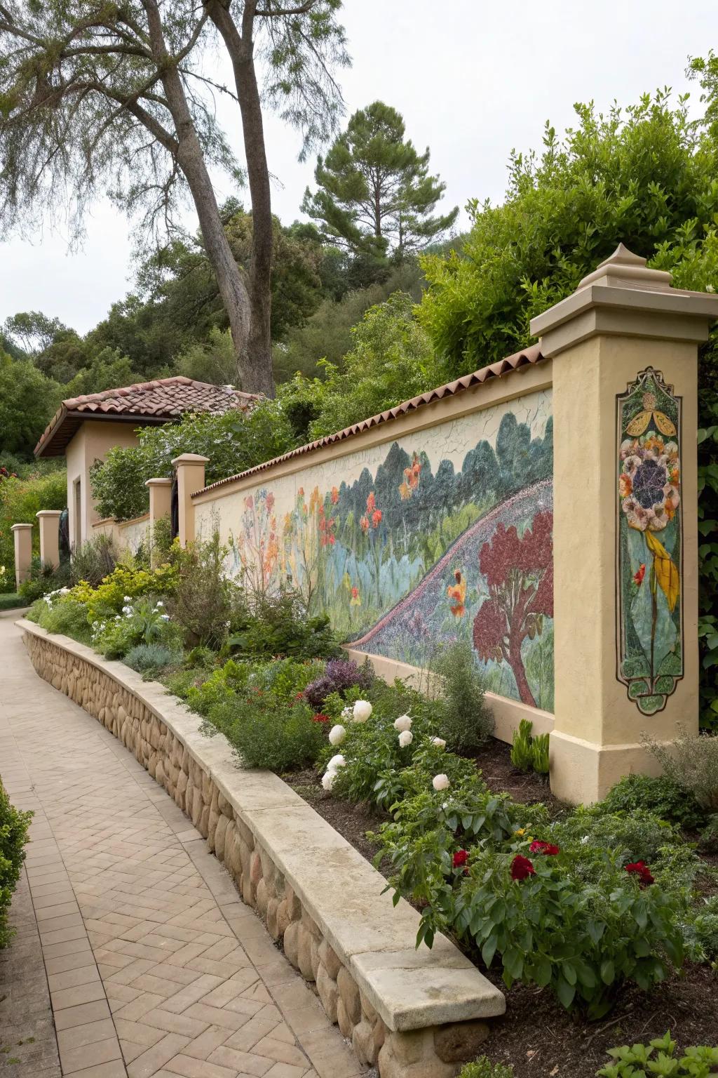 Artistic murals on stucco walls bring creativity to your garden.