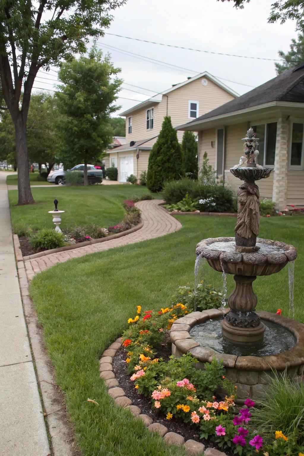 Ornamental features add a distinctive charm to this suburban front yard.