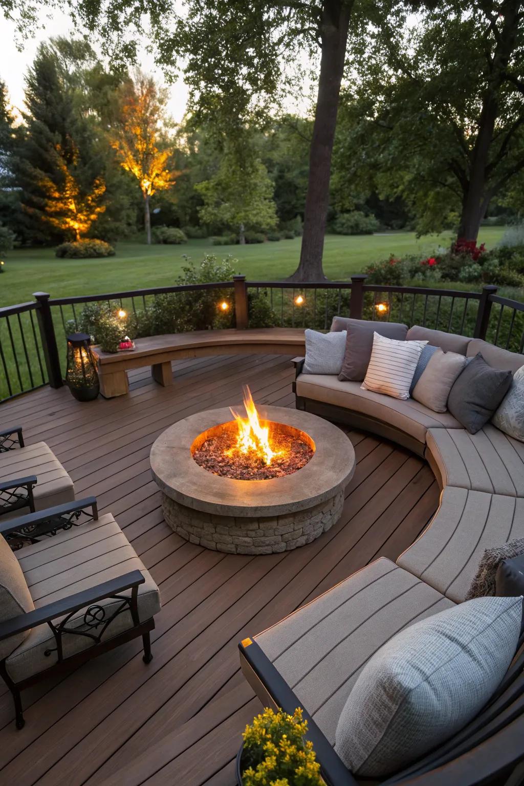 A fire pit creates a cozy gathering spot on your deck.