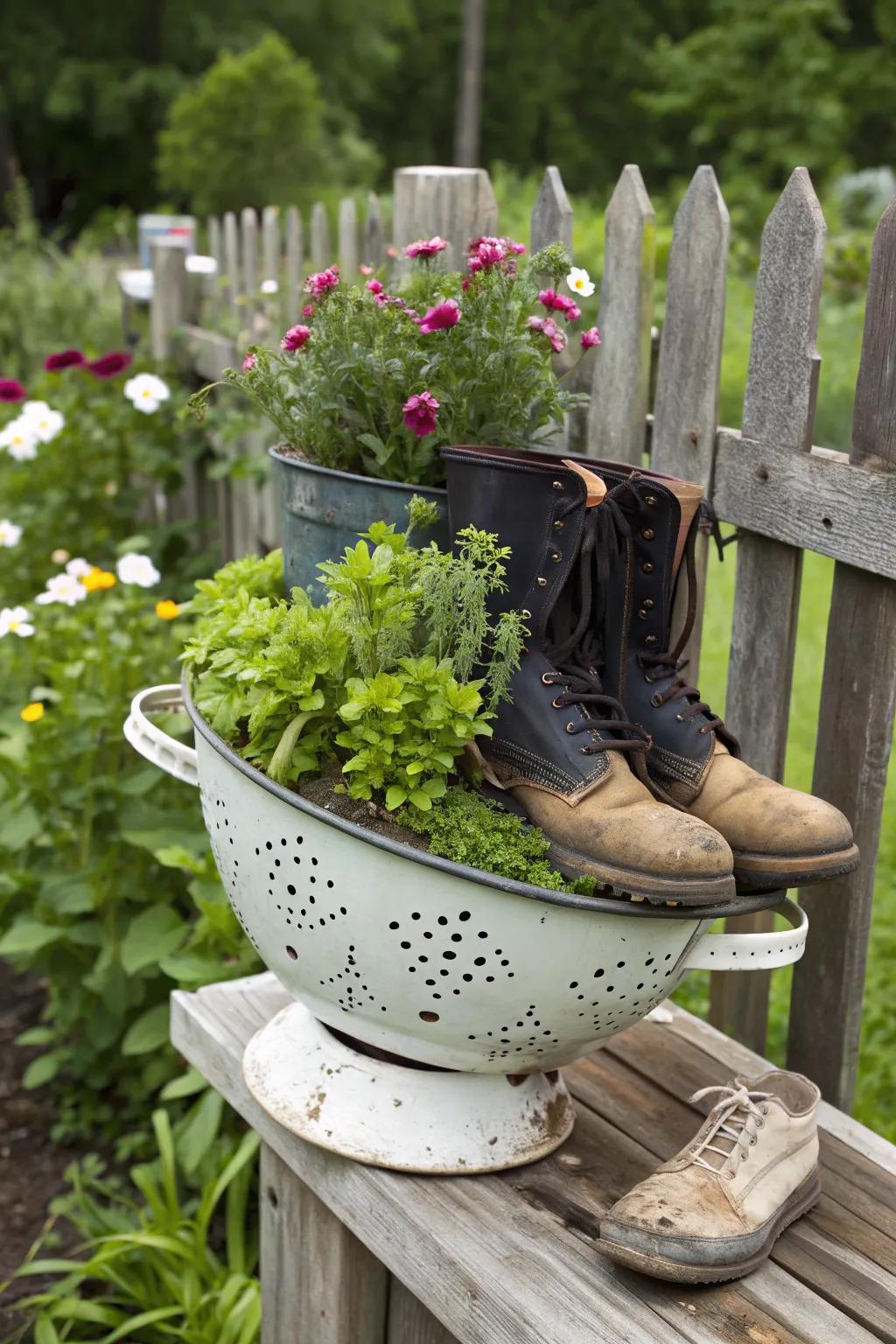 Quirky planters made from repurposed household items.