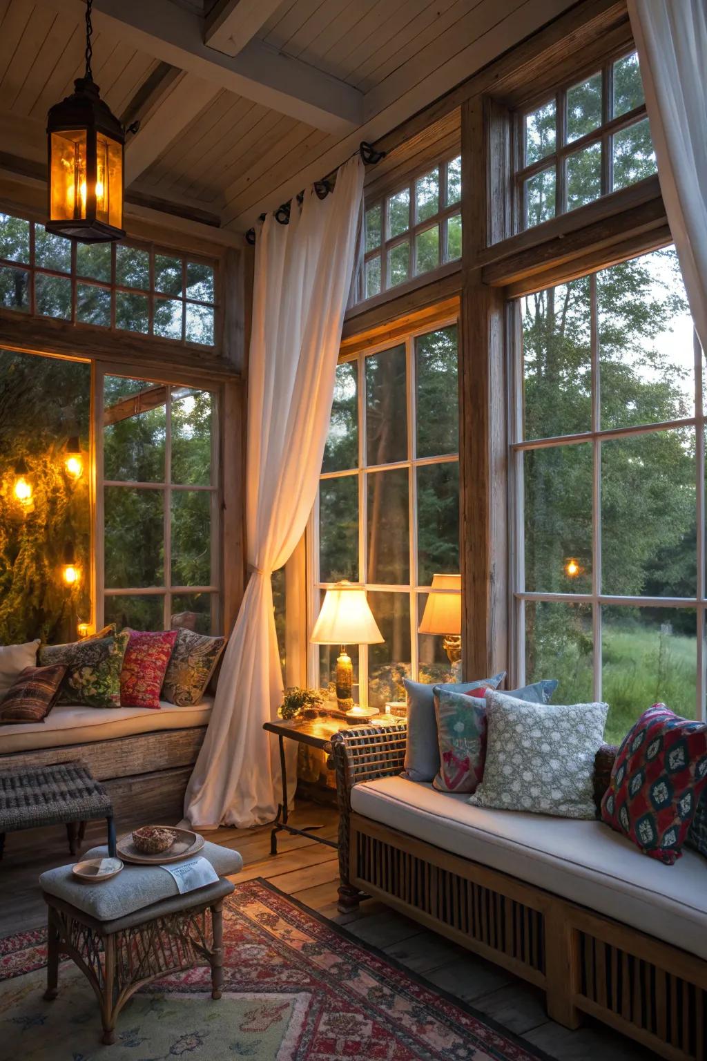 A well-lit summer house with a warm and inviting atmosphere.