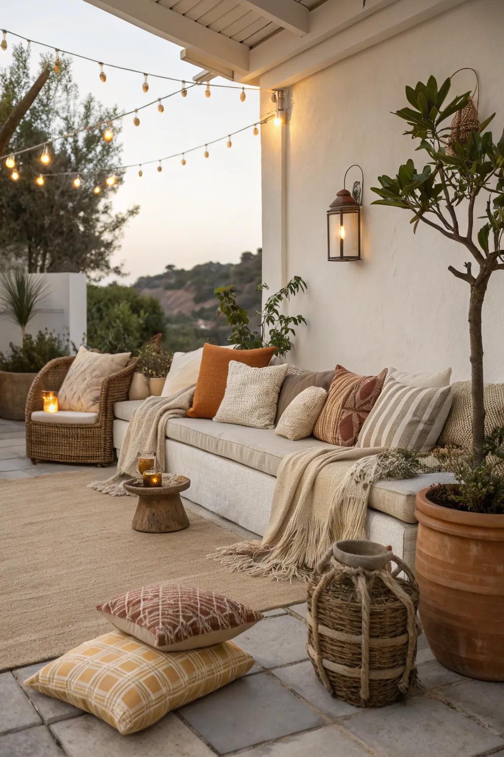 Neutral tones create a calming and cohesive patio space.