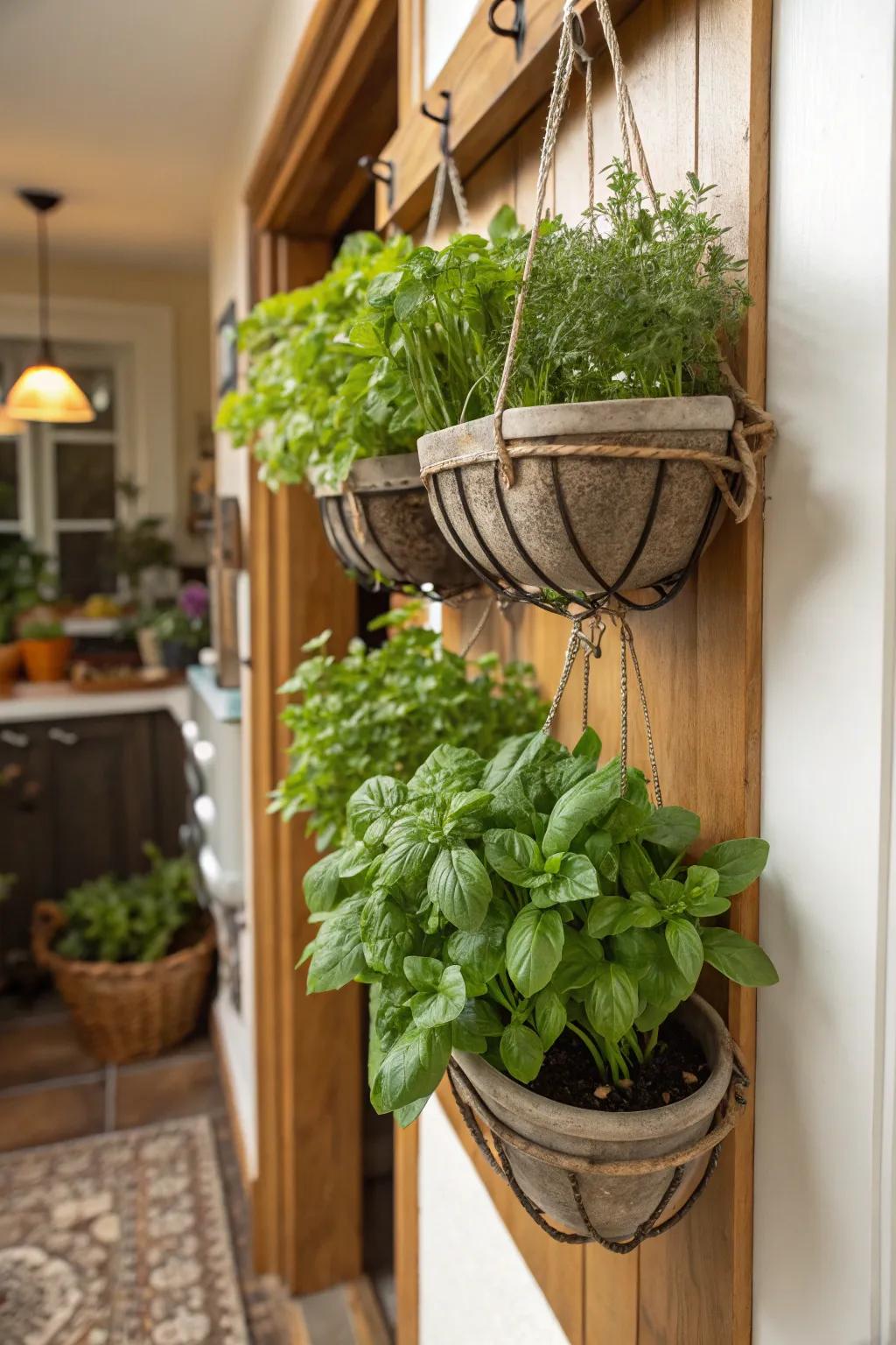 Hanging herb planters serve as both decor and culinary convenience.