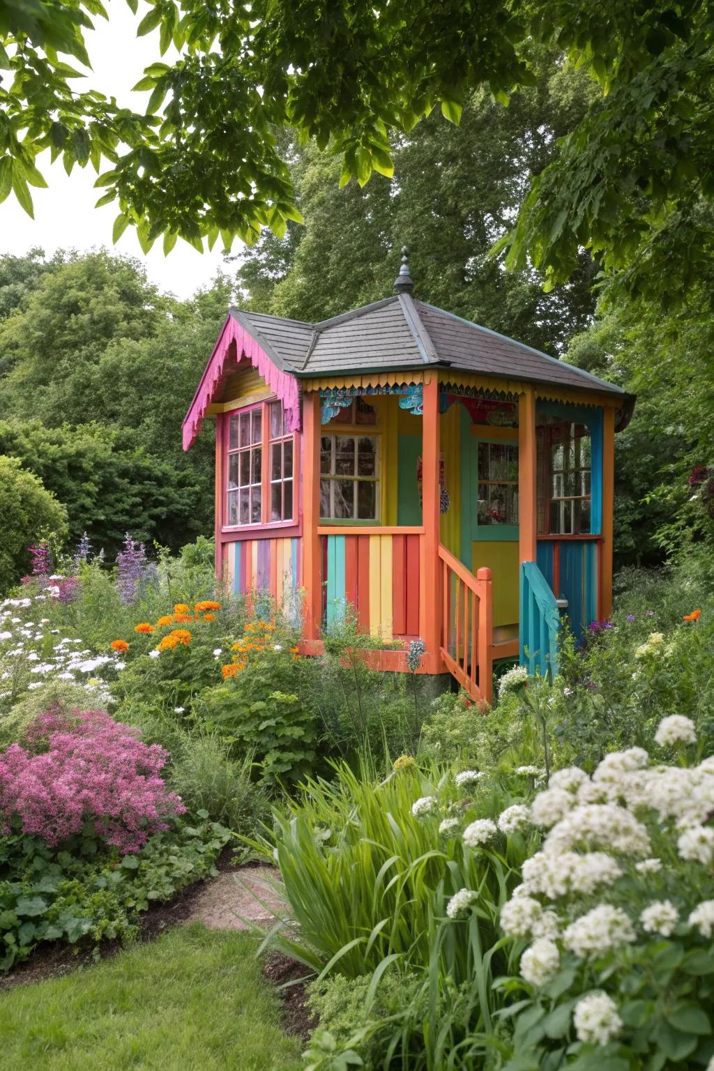 A colorful summerhouse that stands out beautifully.