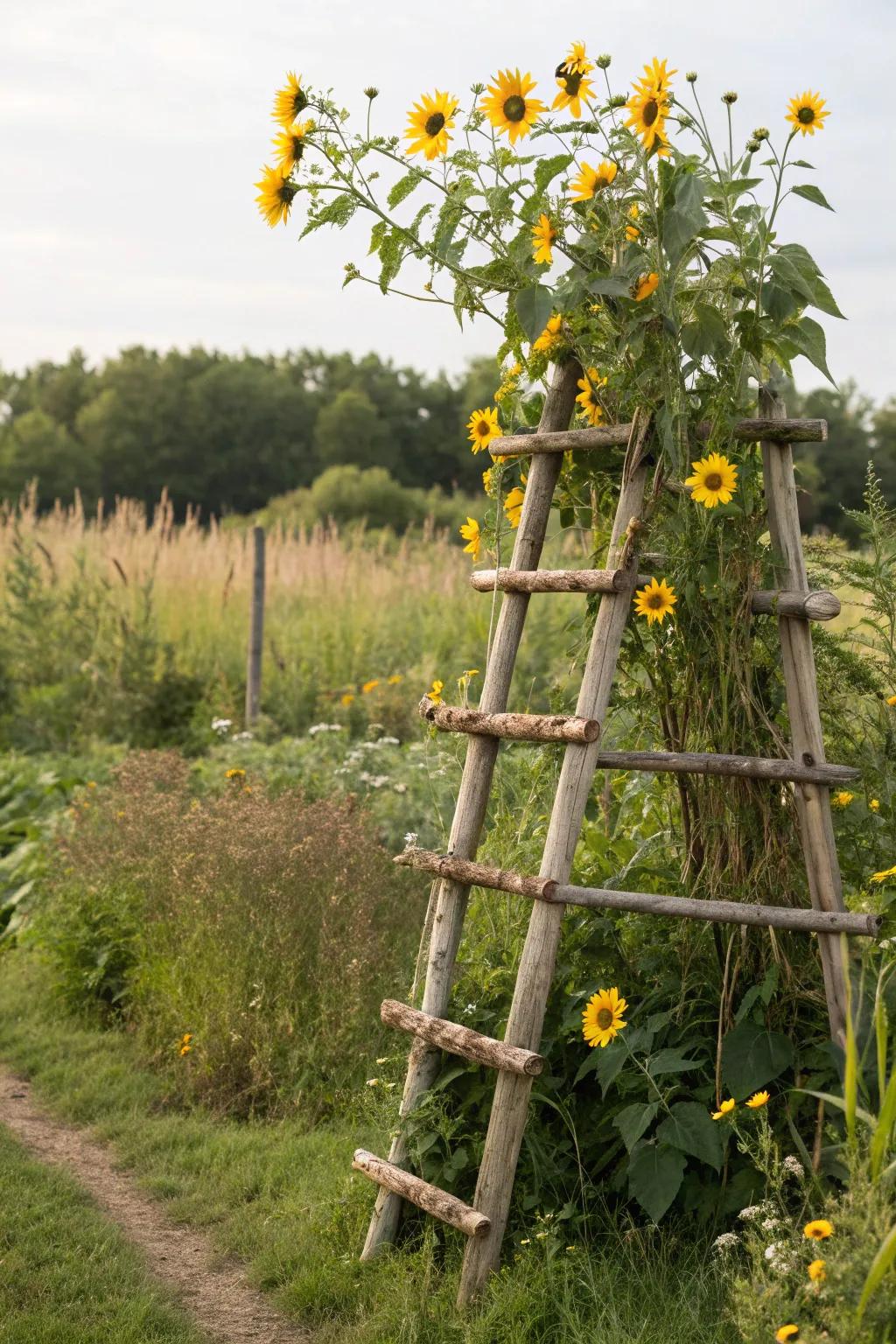 Sustainable and rustic: a bamboo trellis for your sunflowers.