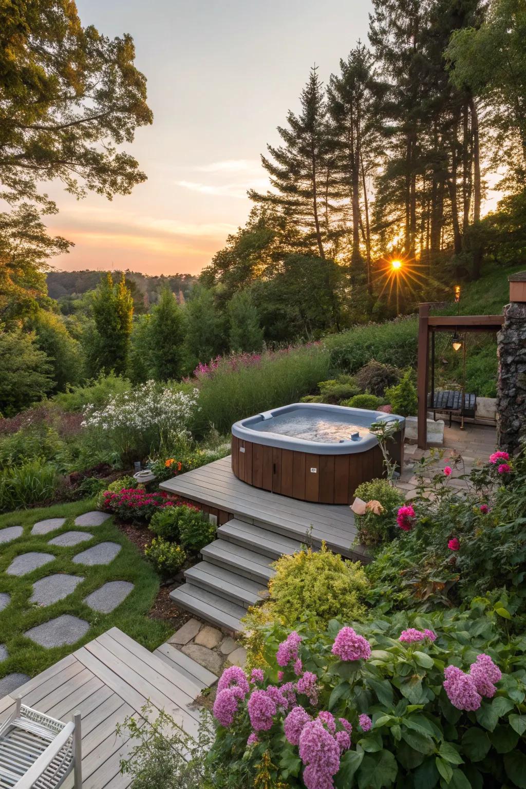 A sunken hot tub deck seamlessly integrated with a lush garden landscape.