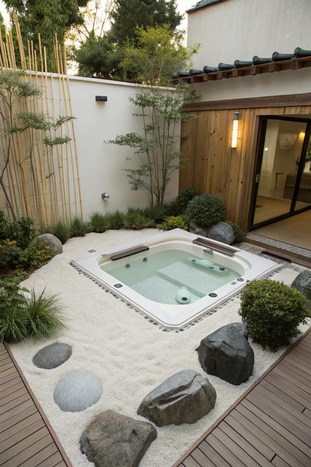 A Zen garden offers a peaceful and meditative environment for your hot tub.