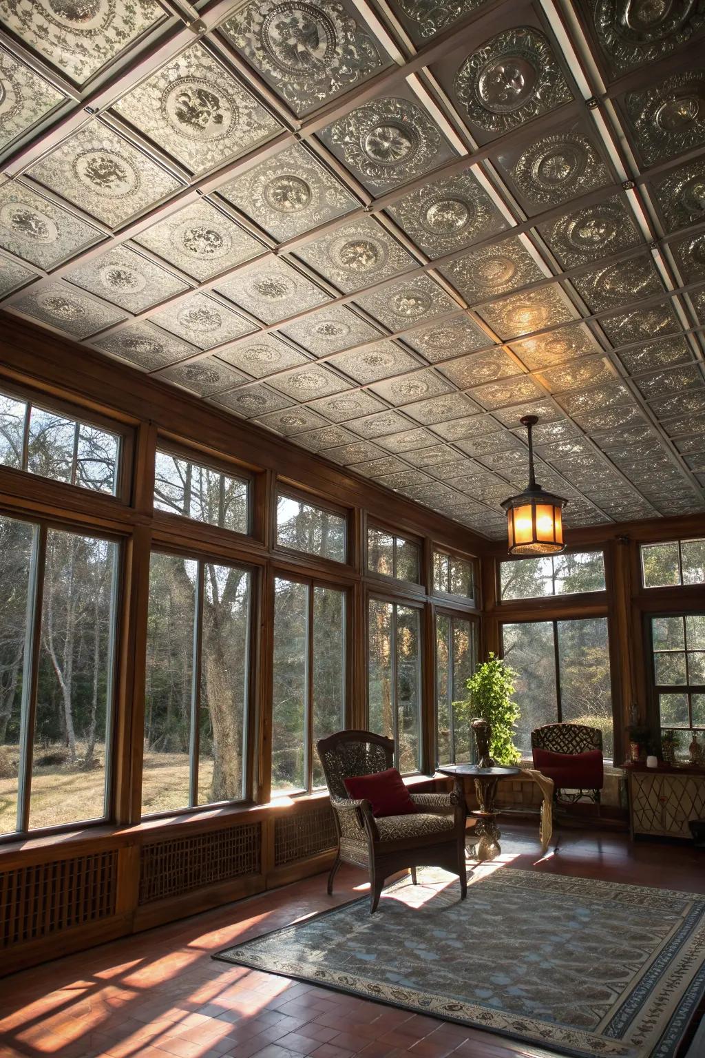 Tin tiles bring vintage charm and light reflection.