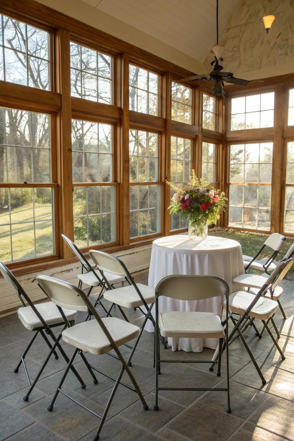 Folding chairs offer flexible seating options in this versatile sunroom.