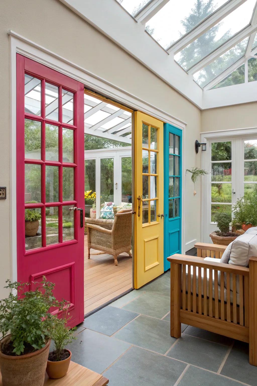 Vibrant colored frame doors infusing personality into the sunroom.