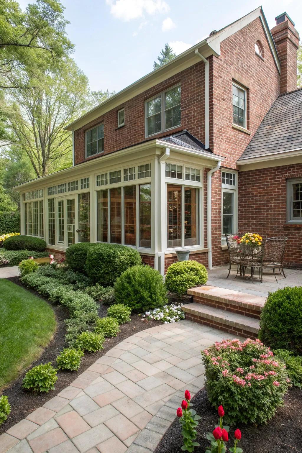 Brick siding provides a timeless, elegant look to this sunroom.