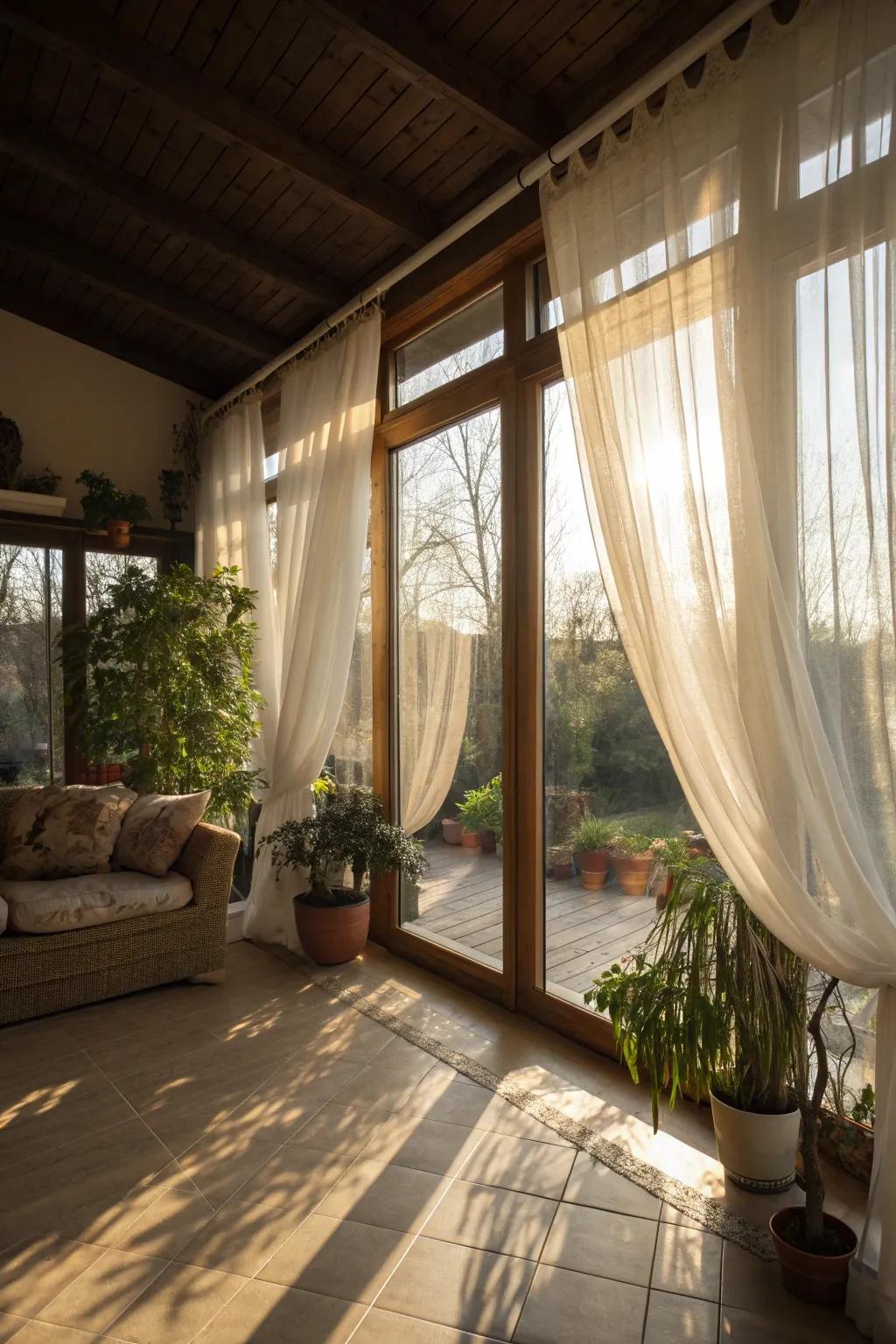 Sheer curtains add a soft, dreamy ambiance to the sunroom.