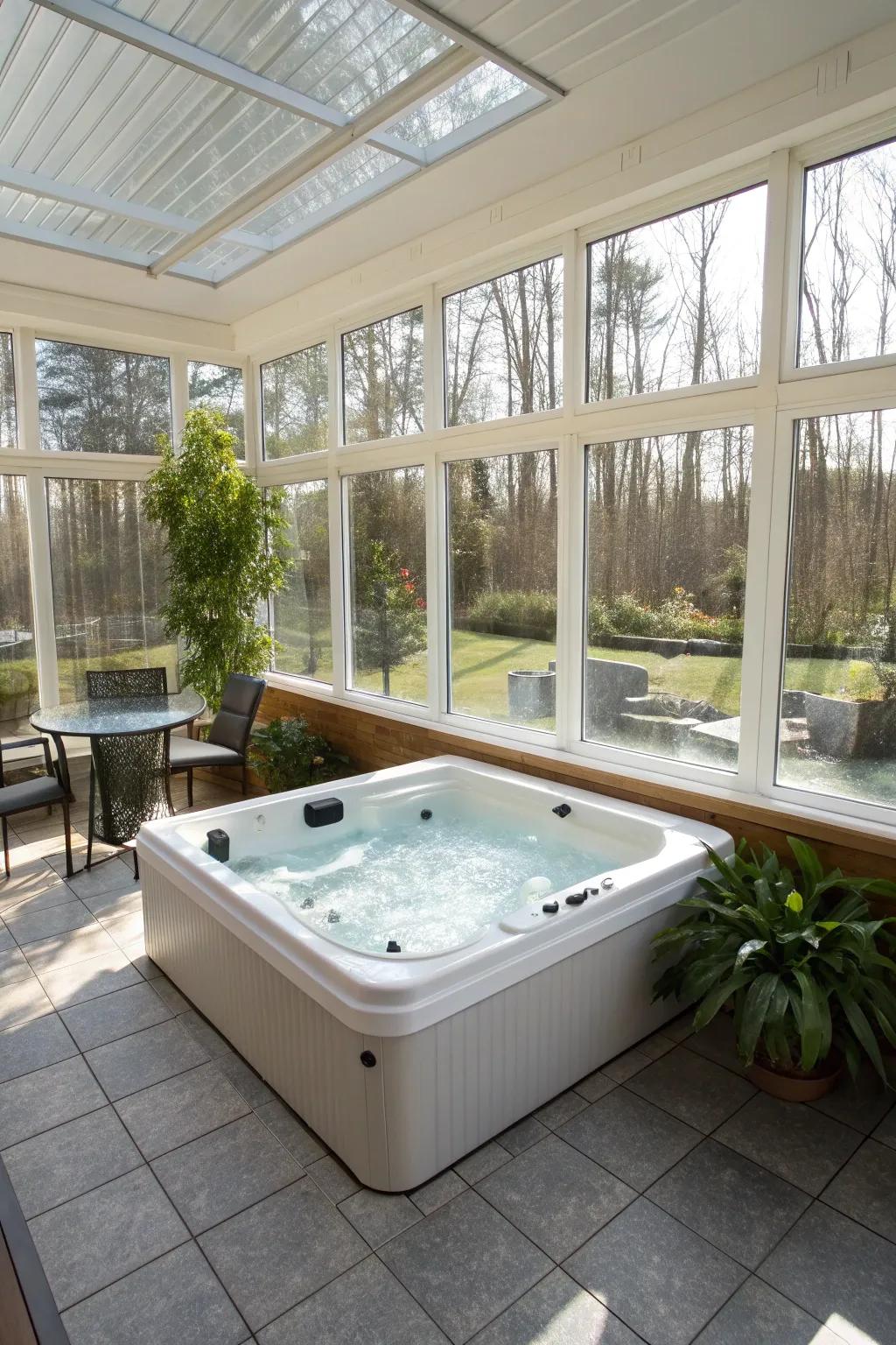 A modern hot tub style that seamlessly integrates with the sunroom.