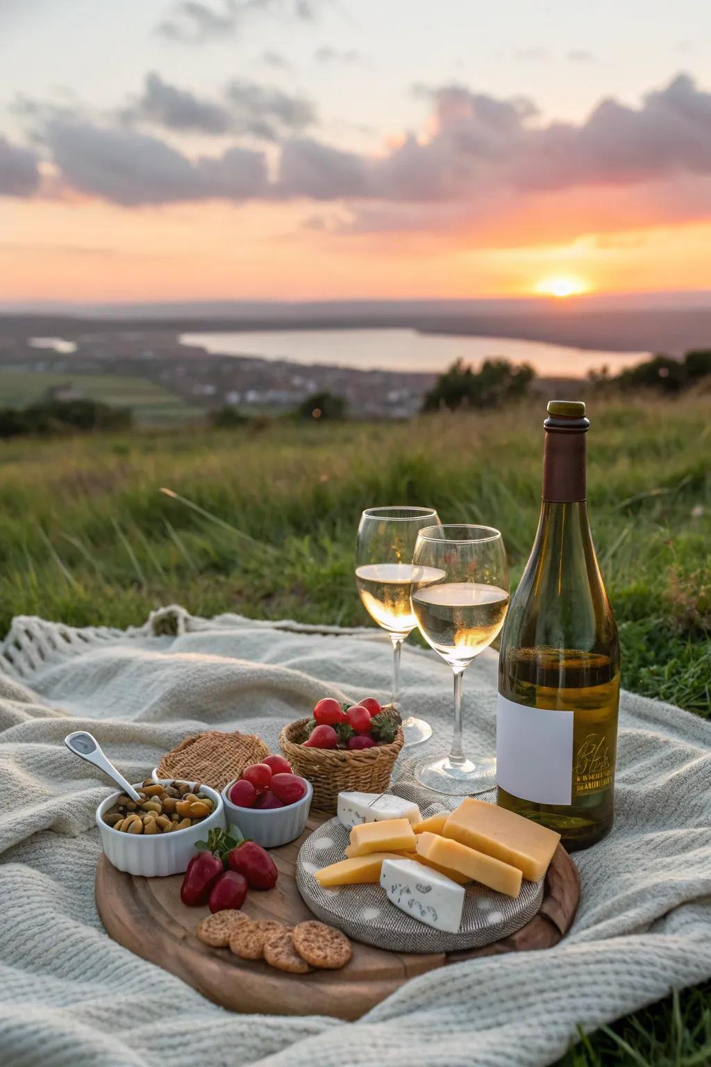 A bottle of wine enhancing the sunset picnic experience.