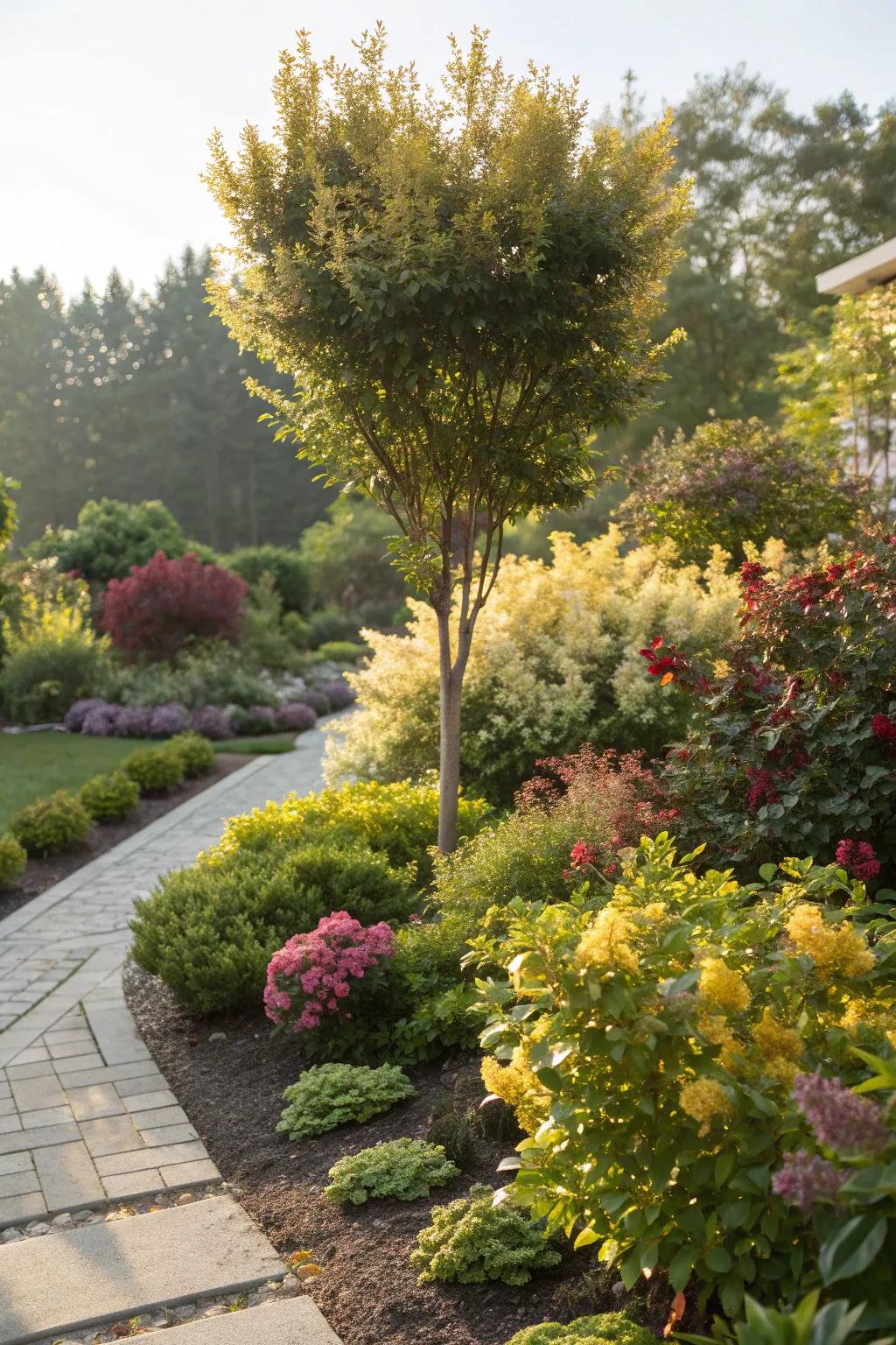 Seasonal focal points with sunshine ligustrum for year-round interest.