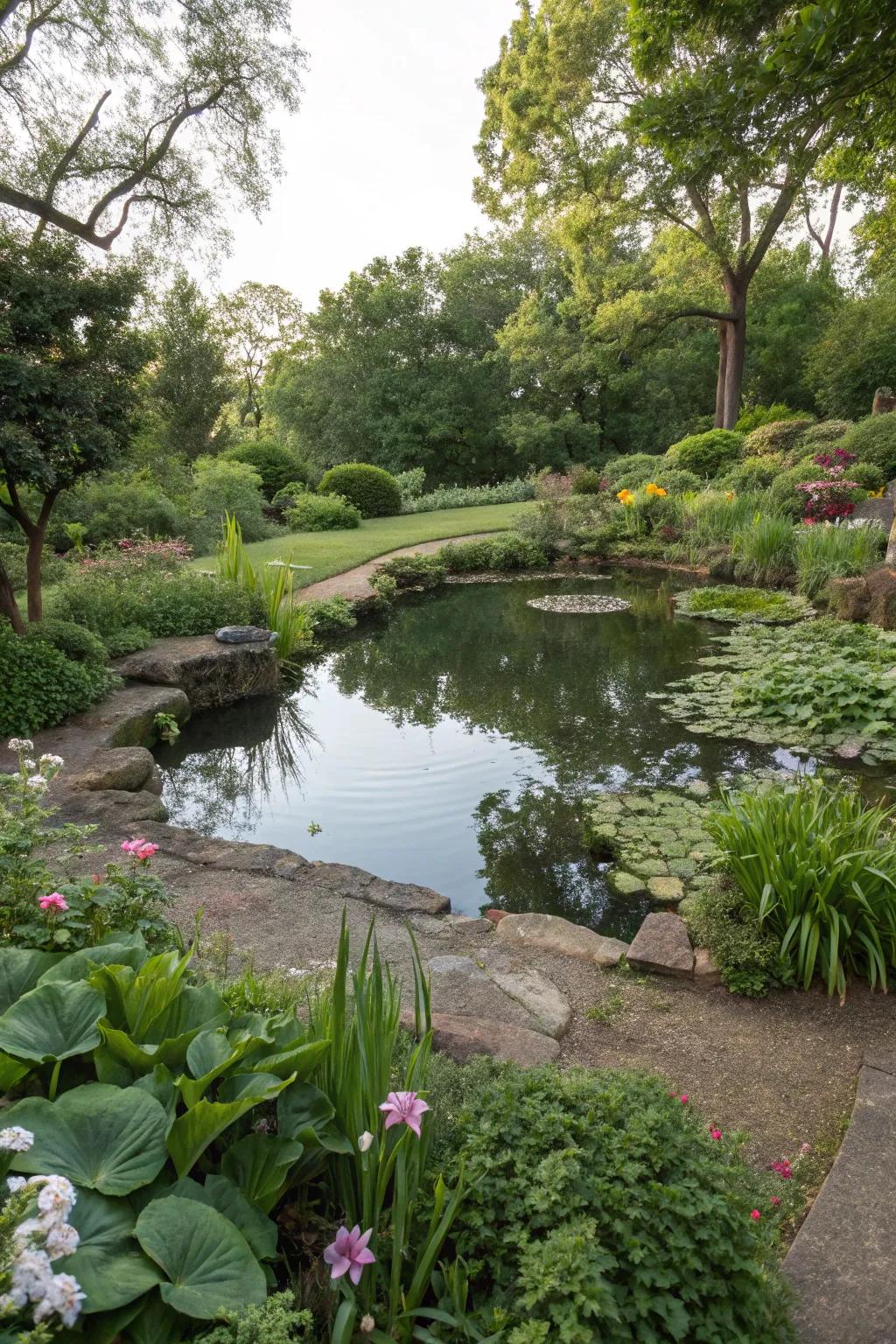 A serene pond nestled within a vibrant garden.