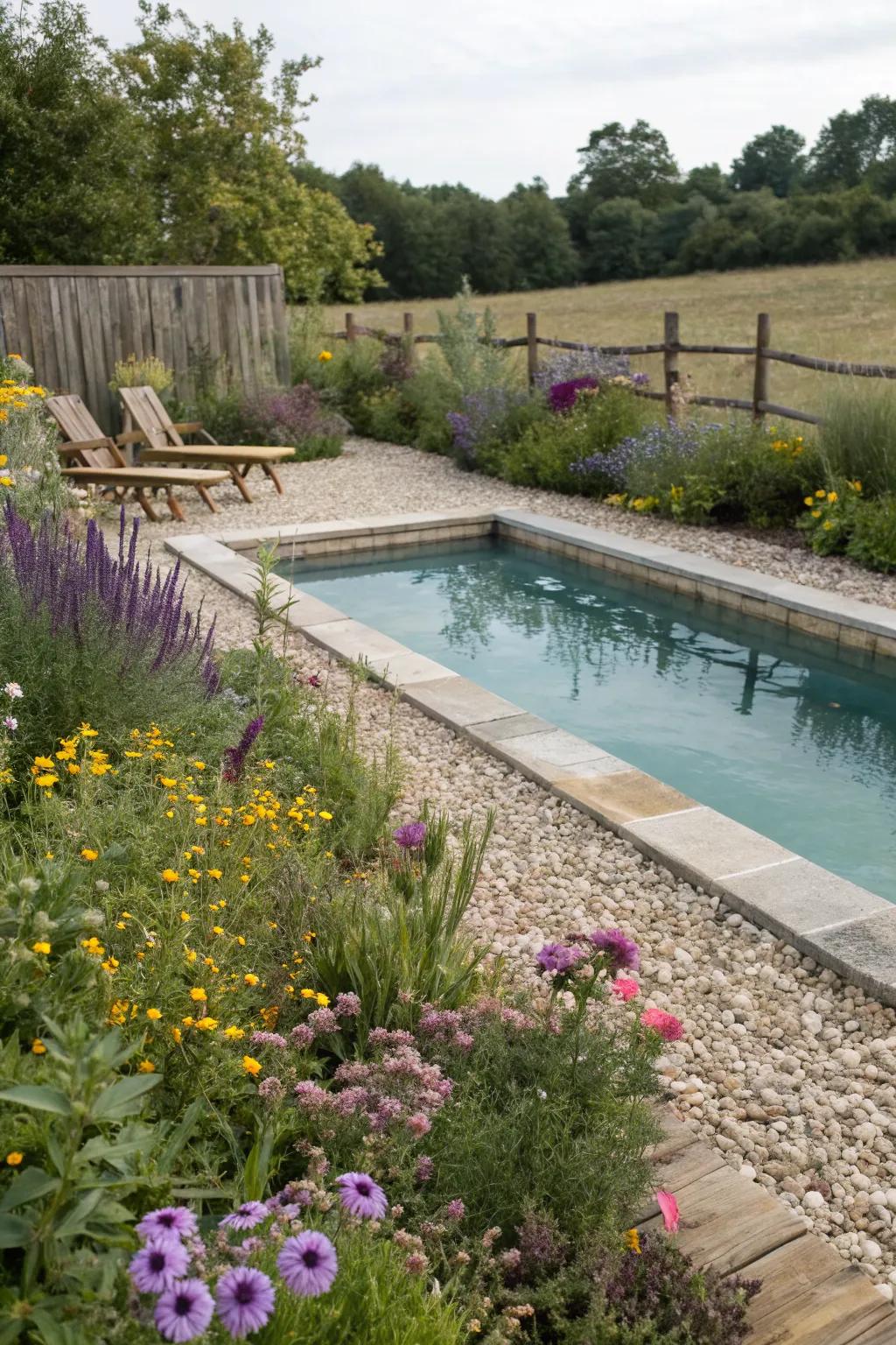 Gravel borders provide a rustic, low-maintenance appeal for pool areas.