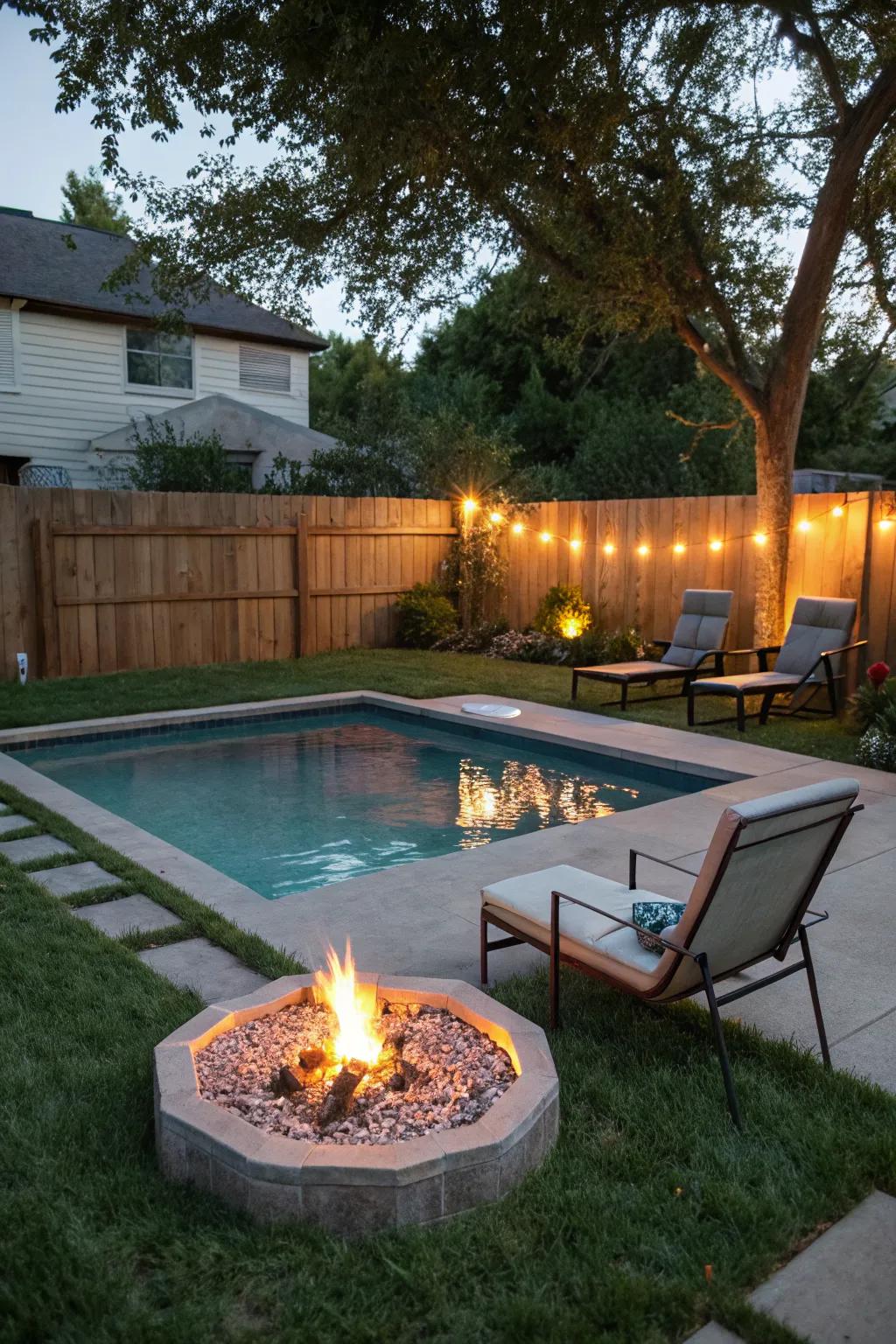 A fire pit adds warmth and charm to this small pool setting.
