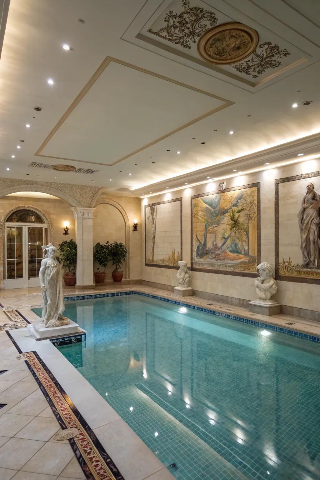 Artistic elements infuse personality into the pool room.