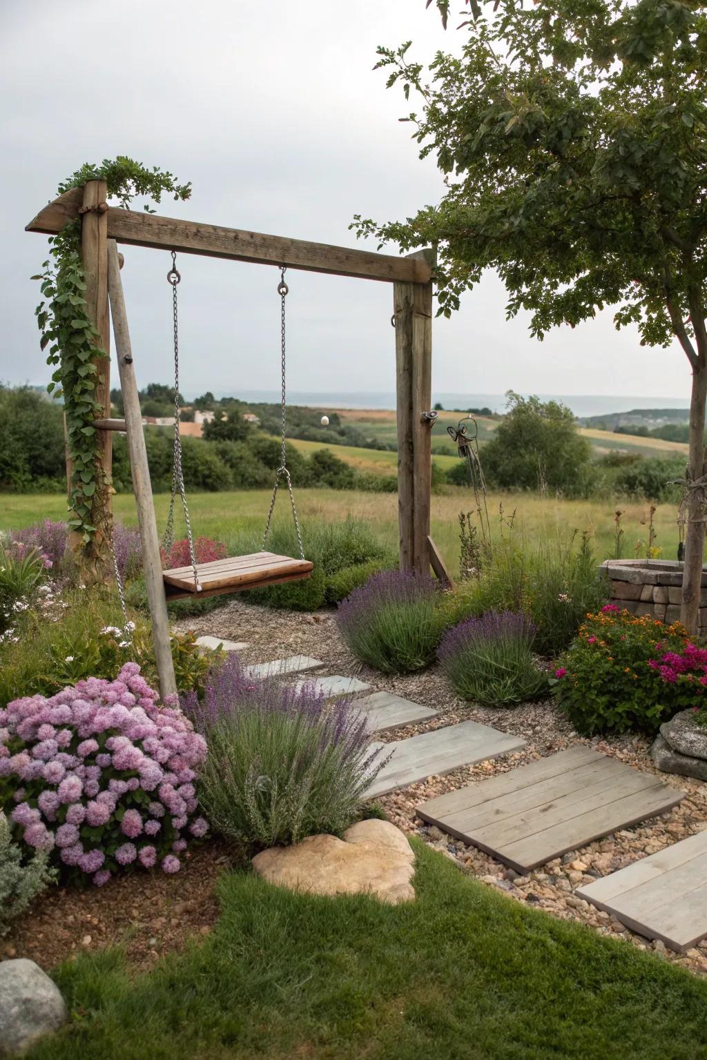 Swingset with a variety of sensory plants and textures.
