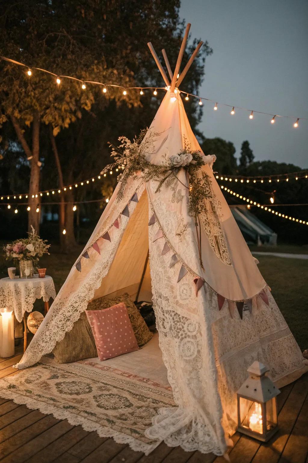 Vintage elements give this teepee a timeless charm.