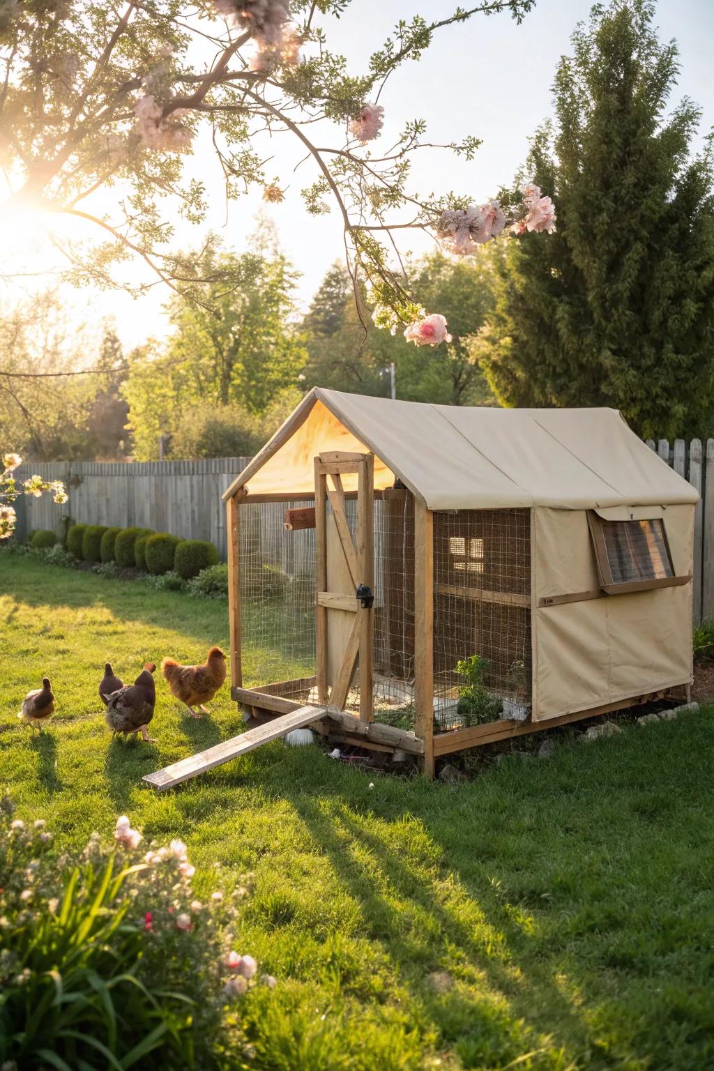 A practical solution using a canvas cover to provide shade for chickens.
