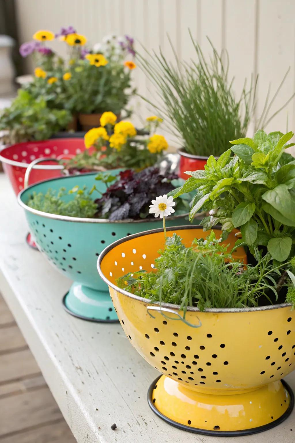 Add a touch of whimsy with colanders turned into unique planters.