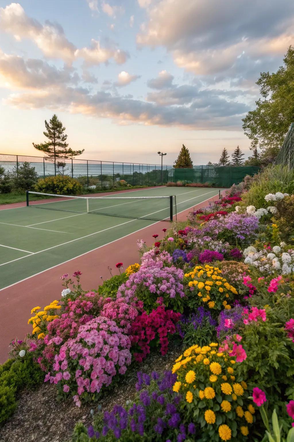 Colorful flowers add vibrancy and charm to your tennis court surroundings.