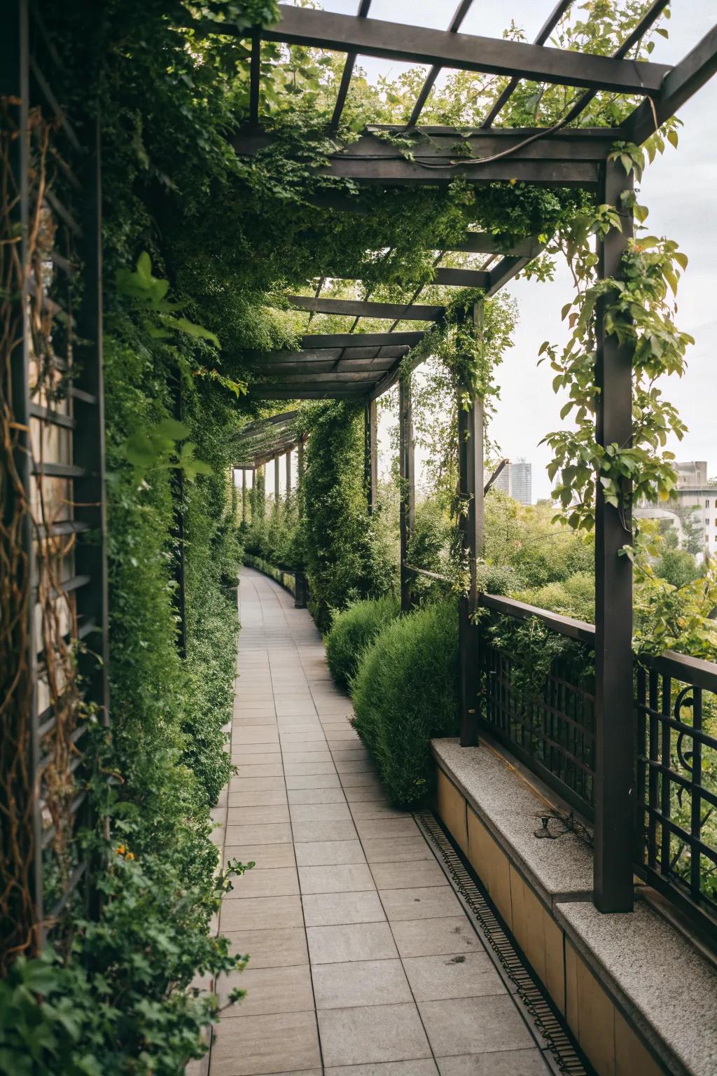 Tall plants and trellises provide privacy on a terrace.