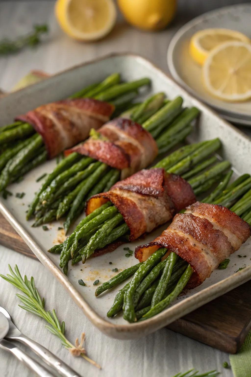Savory green bean bundles wrapped in bacon.